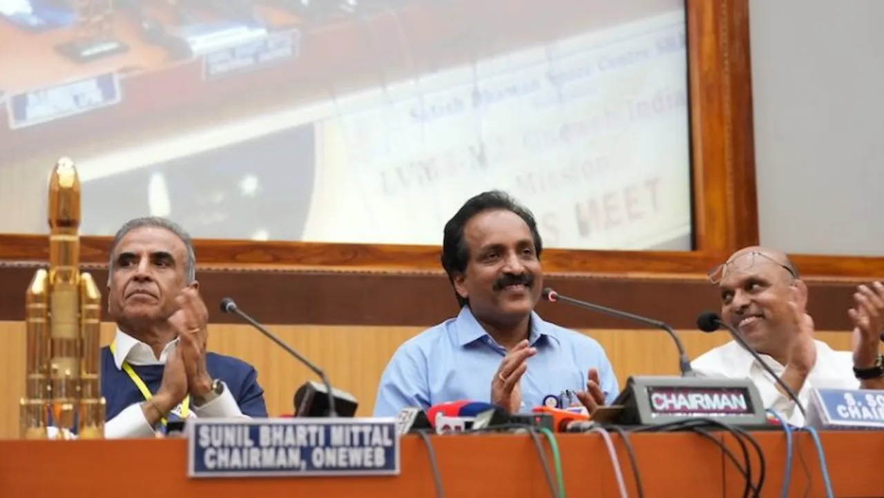 ISRO Chairman S. Somanath with Bharti Enterprises Chairman Sunil Bharti Mittal and NewSpace India Limited (NSIL) Chairman and Managing Director Radhakrishnan Durairaj during a press conference after the successful launch of ISRO's LVM3-M2/OneWeb mission, in Sriharikota, Sunday