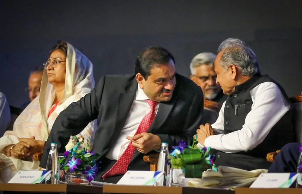 Ashok Gehlot with Gautam Adani at Rajasthan Investors Summit