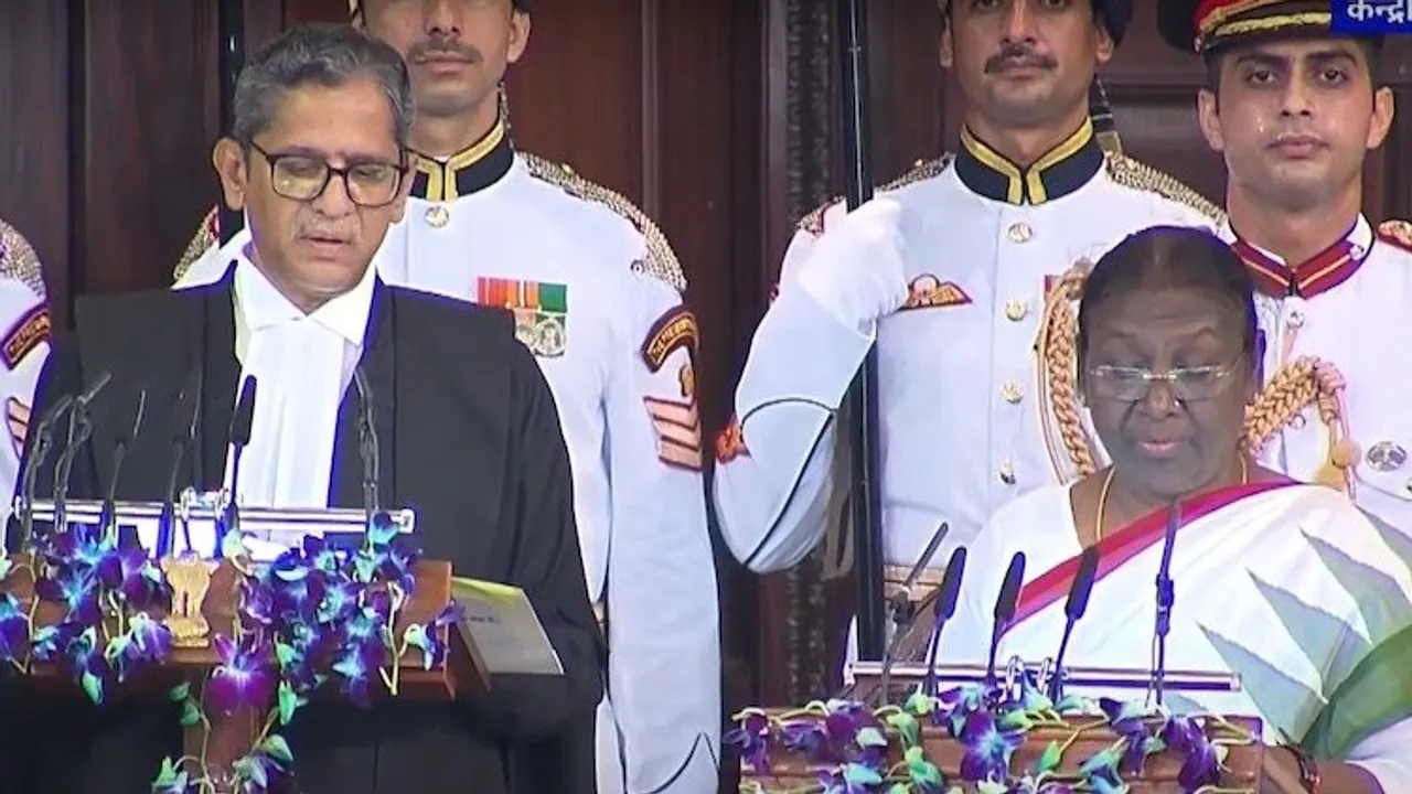 Chief Justice of India NV Ramana administers the oath of office to Droupadi Murmu as the 15th President of India.