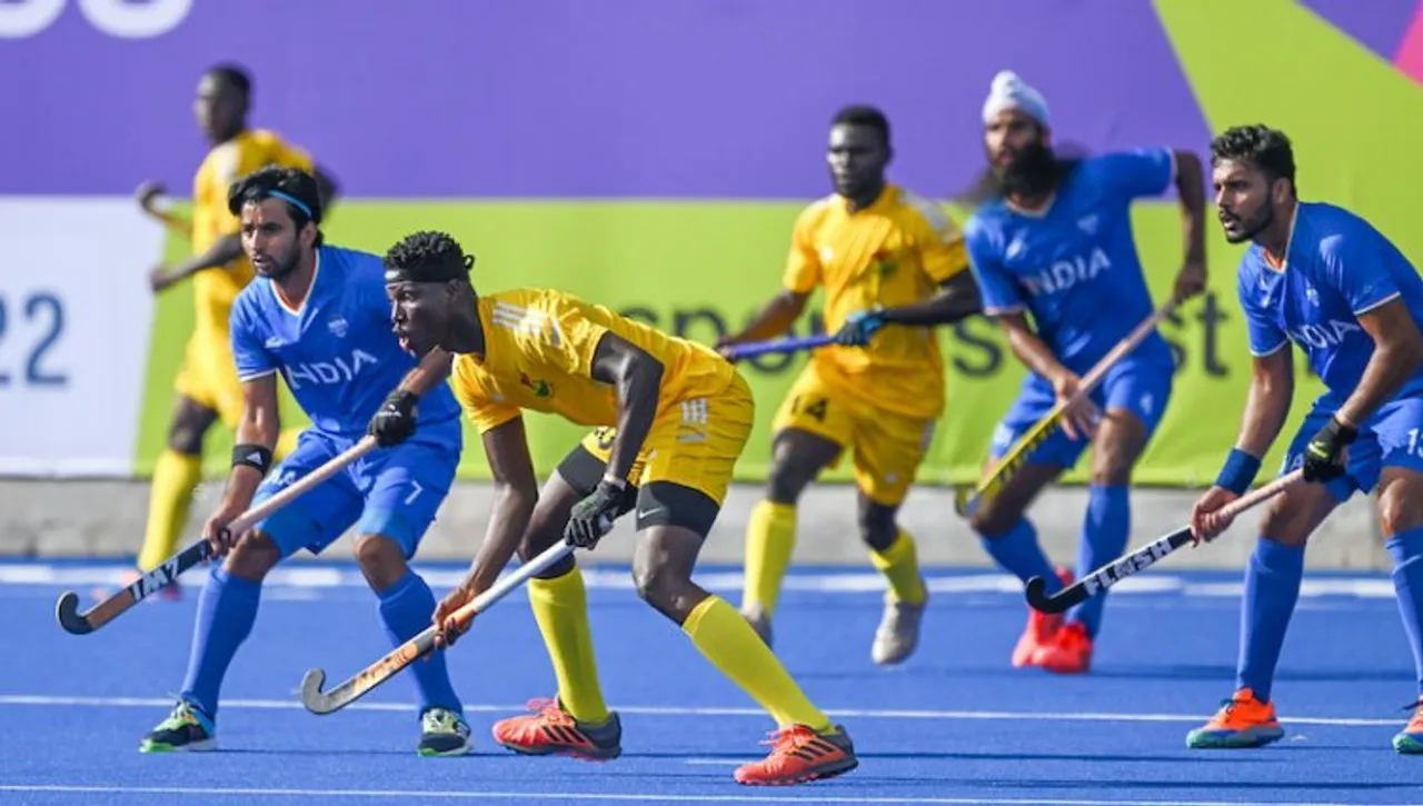 Indian hockey players and Ghana players in action during the Pool B of mens field hockey match of the Commonwealth Games, at the University of Birmingham Hockey and Squash Centre, in Birmingham, UK, on Sunday