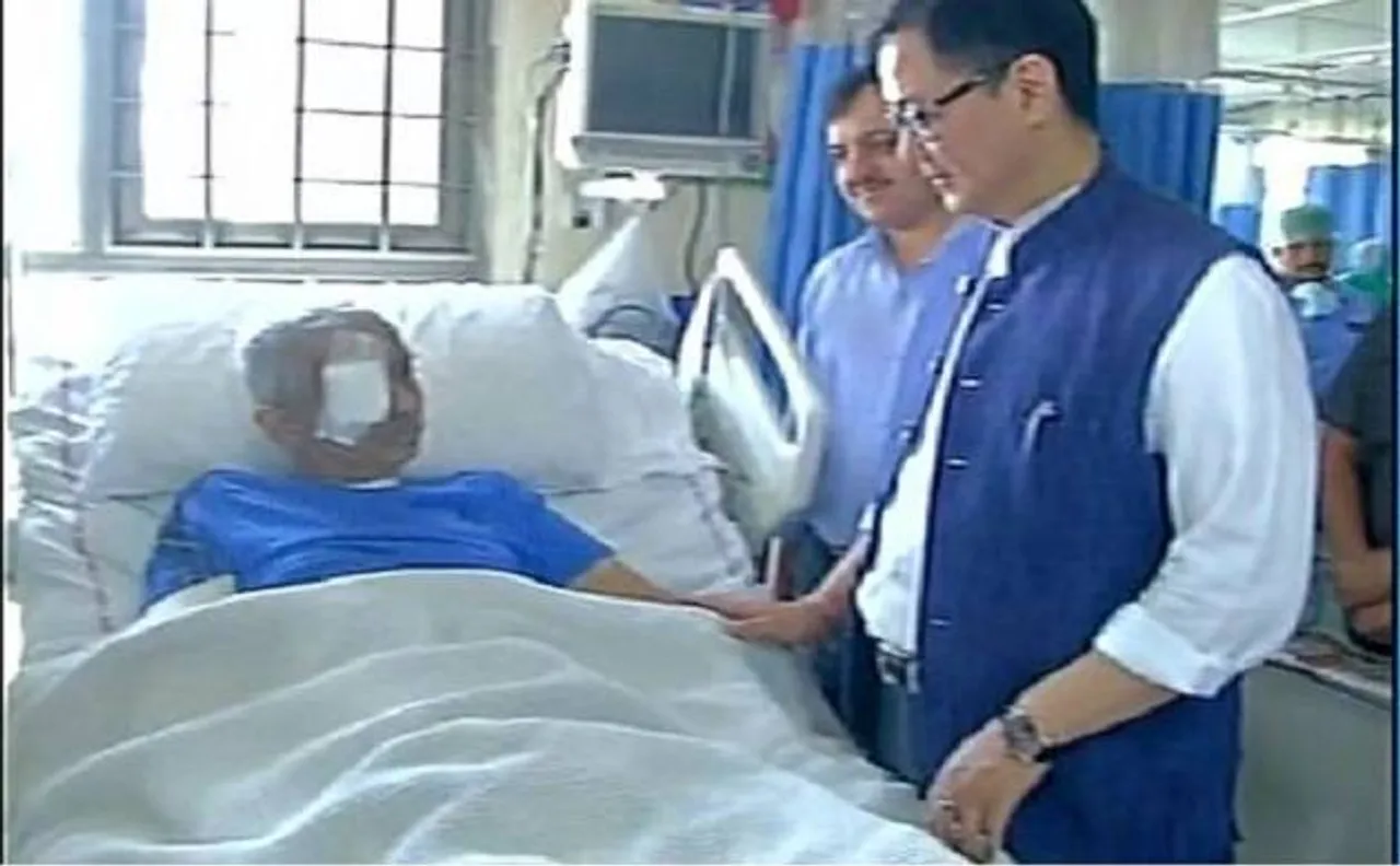 MoS Home Affairs Kiren Rijiju meets injured CRPF officer Chetan Cheeta at AIIMS 