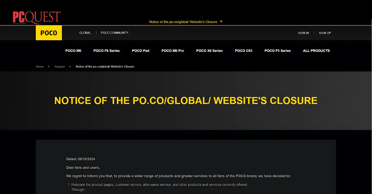 POCO to shut down its Global Website