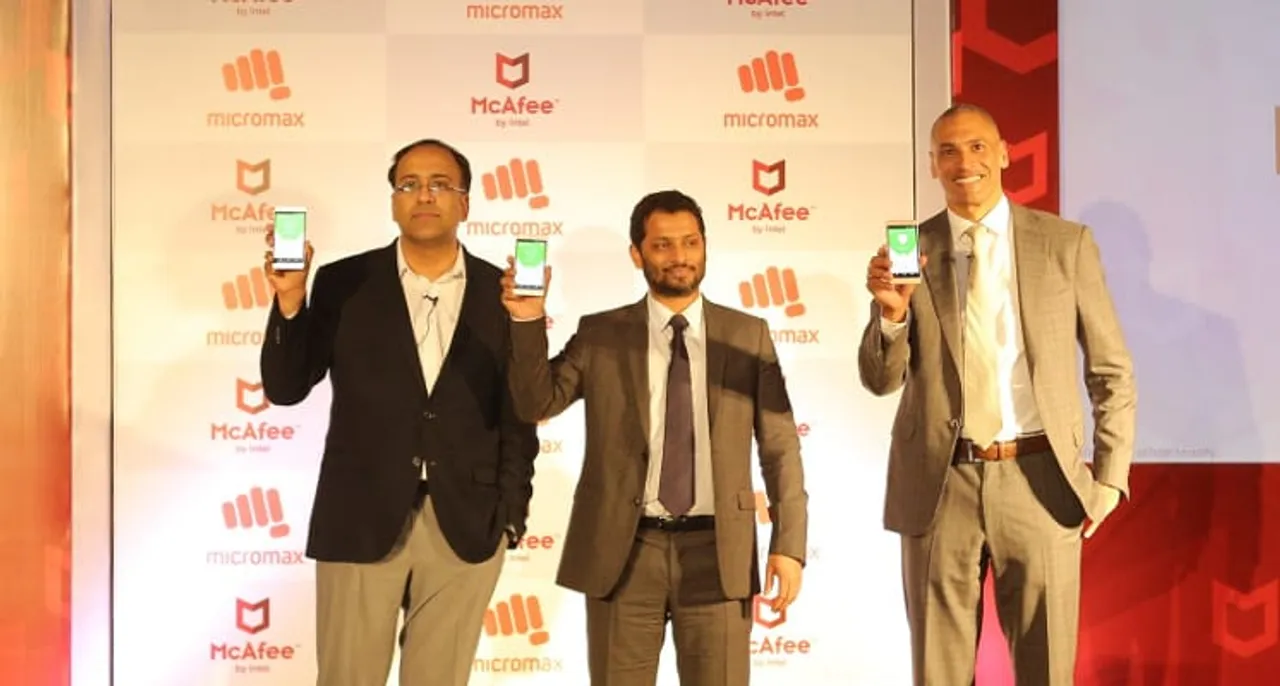 Intel Security and Micromax - Anand Ramamoorthy, Vikas Jain and Christopher Young during the announcement of the strategic partnership between Intel Security and Micromax