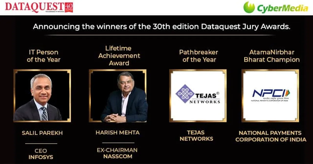 <strong>Salil Parekh, Harish Mehta, Tejas Networks & NPCI win at the 30th Dataquest ICT Awards</strong>