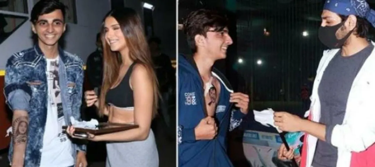 A fan who previously got Kartik Aryan's face inked on his chest has now got Tara Sutaria's face tattooed on his arm.