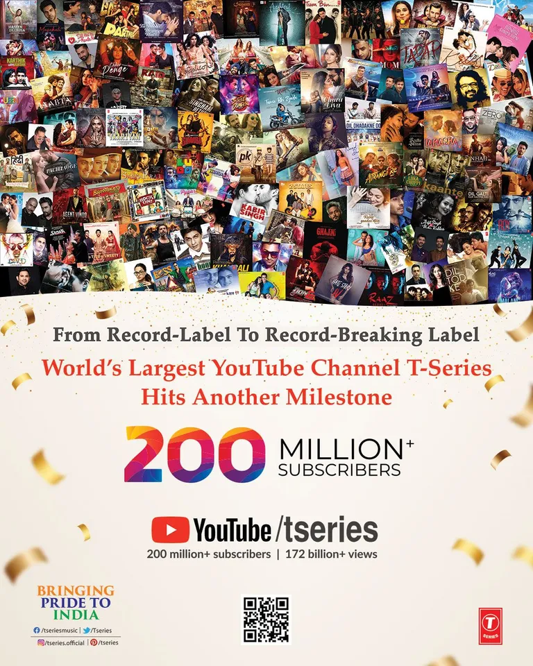 India’s T-Series becomes first channel globally to surpass 200 Million Subscribers on YouTube !