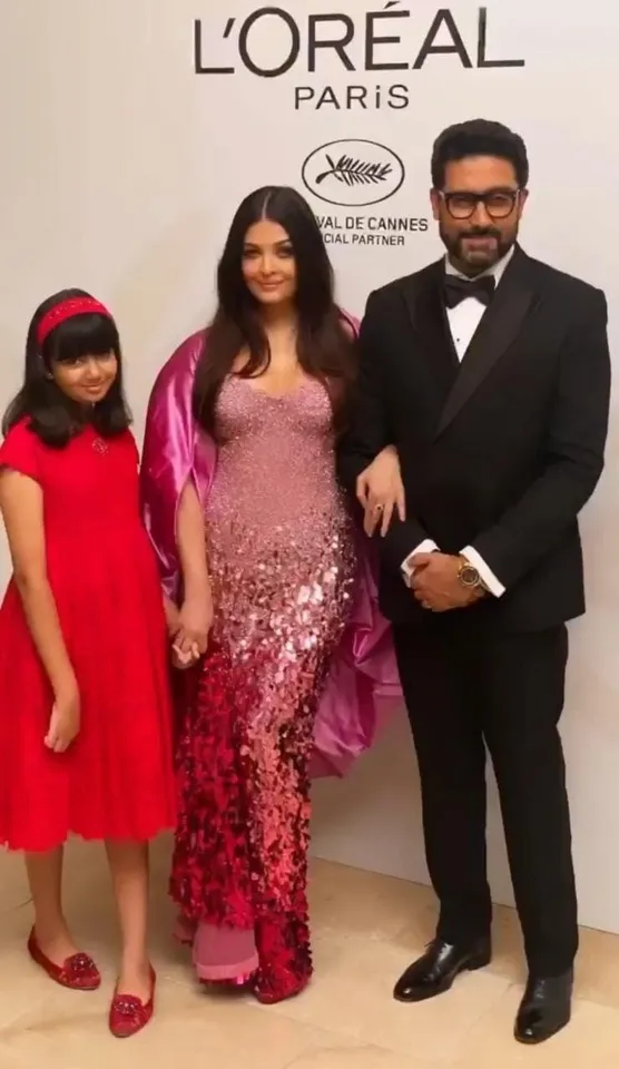 Aishwarya Rai Bachchan looked stunning in a sparkling gown as she attended an event with Abhishek Bachchan and daughter Aaradhya in Cannes.