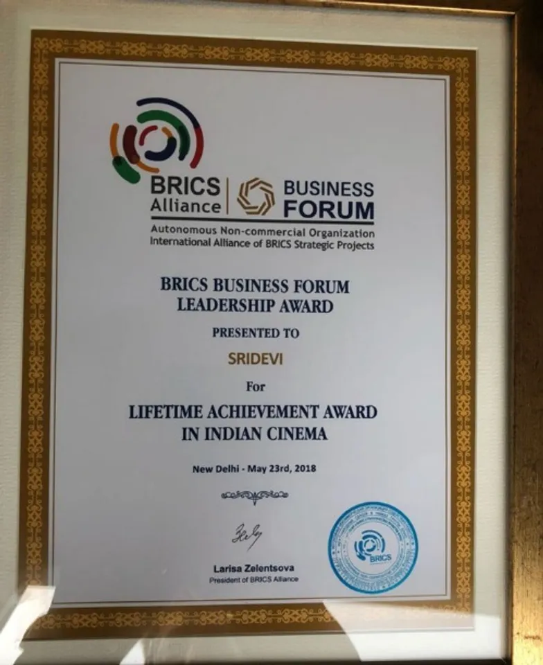 BRICS forum posthumously presents award to Sri Devi