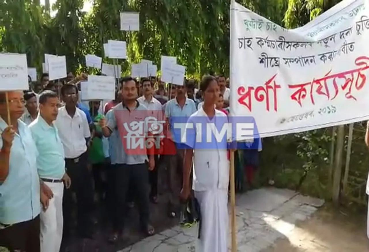Tea workers protest in Barfalang Tea Estate