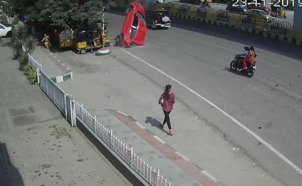 Watch: Car skids off flyover