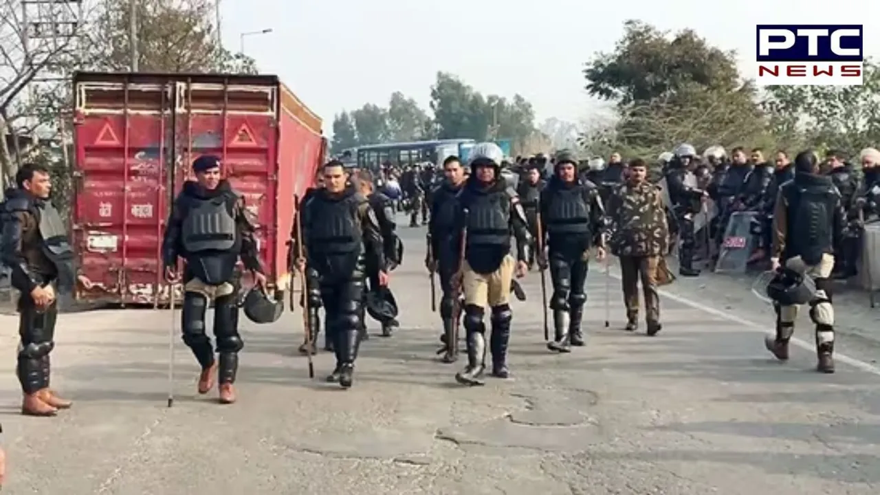 Paramilitary personnel stay vigil after security tightened ahead of the Farmers' march to Delhi, which is scheduled to be held on 13th February, in Ambala on Saturday..jpg