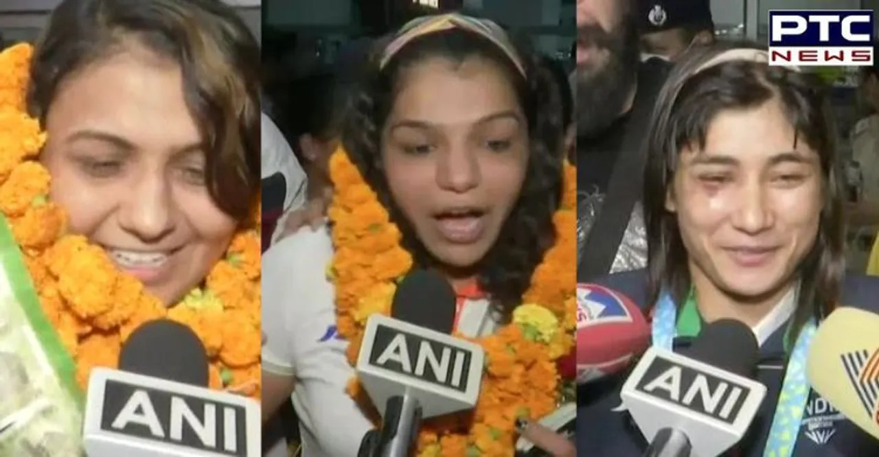 CWG medallists Sakshi Malik, Pooja Sihag, Pooja Gehlot receive grand welcome at Delhi airport