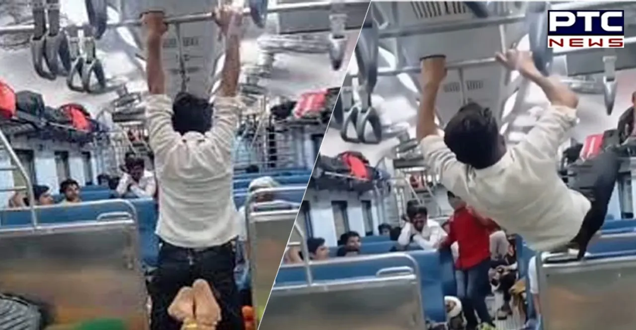 Man swings on handrail inside train amuses netizens, passengers