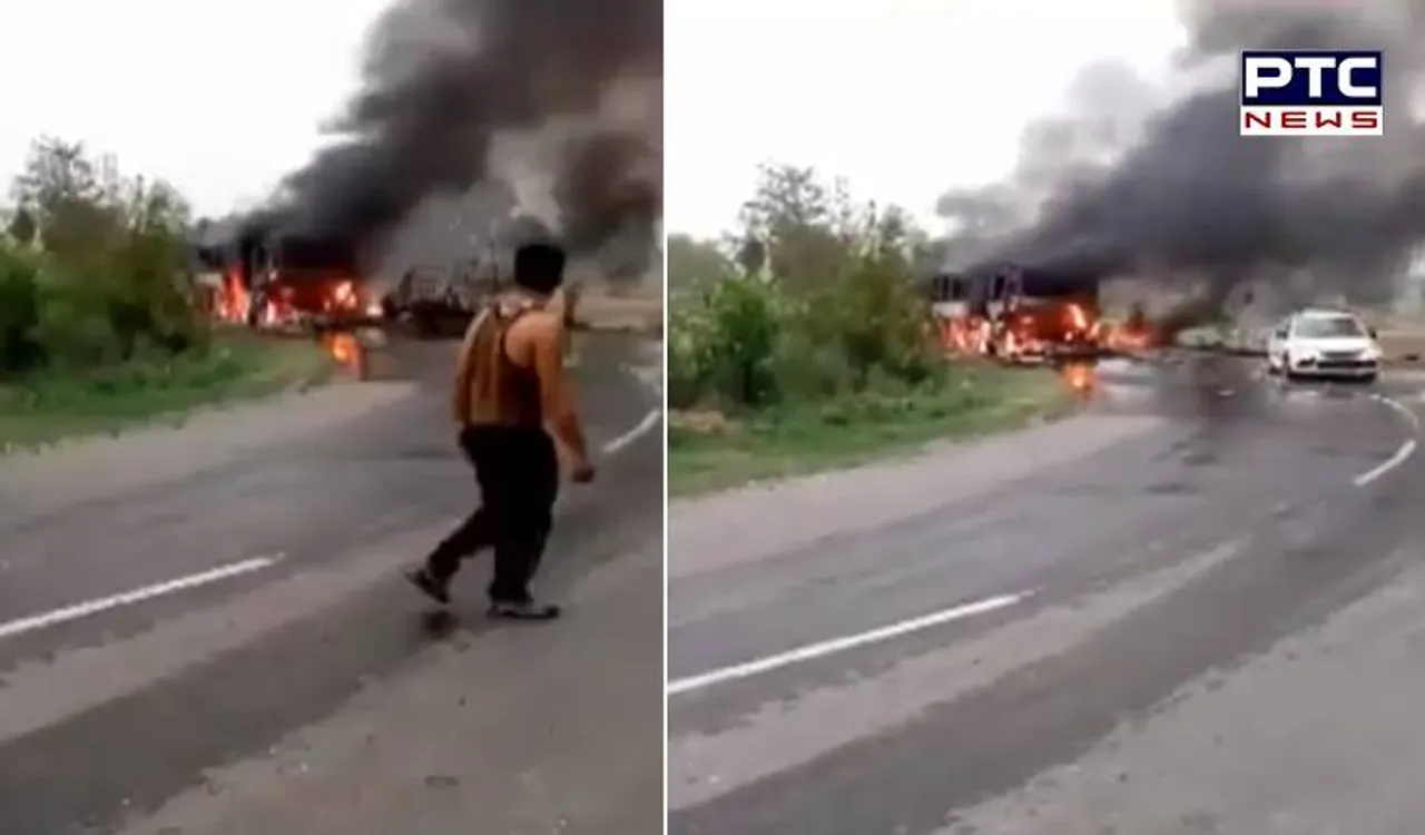 Tourist Bus catches fire in Nalagarh, Himachal Pradesh