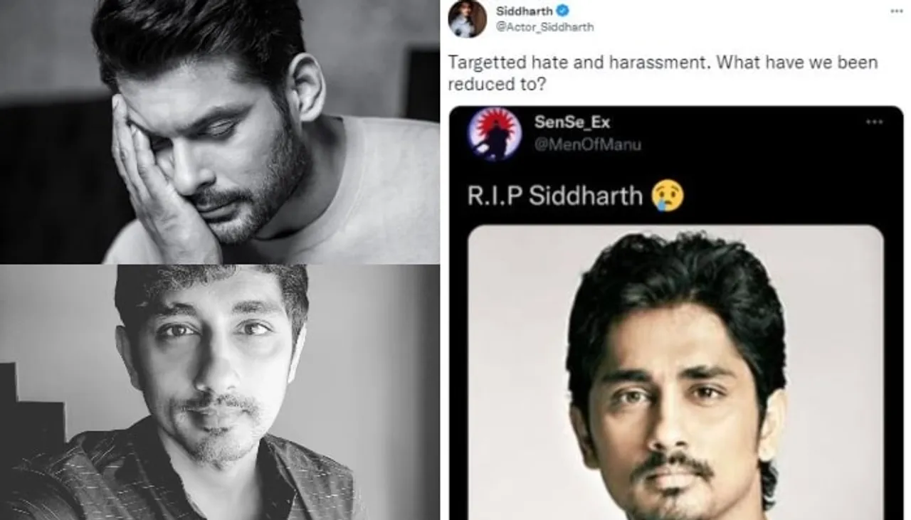 After the death of Siddharth Shukla, South actor Siddharth claims he has been subjected to "targeted hate and harassment."