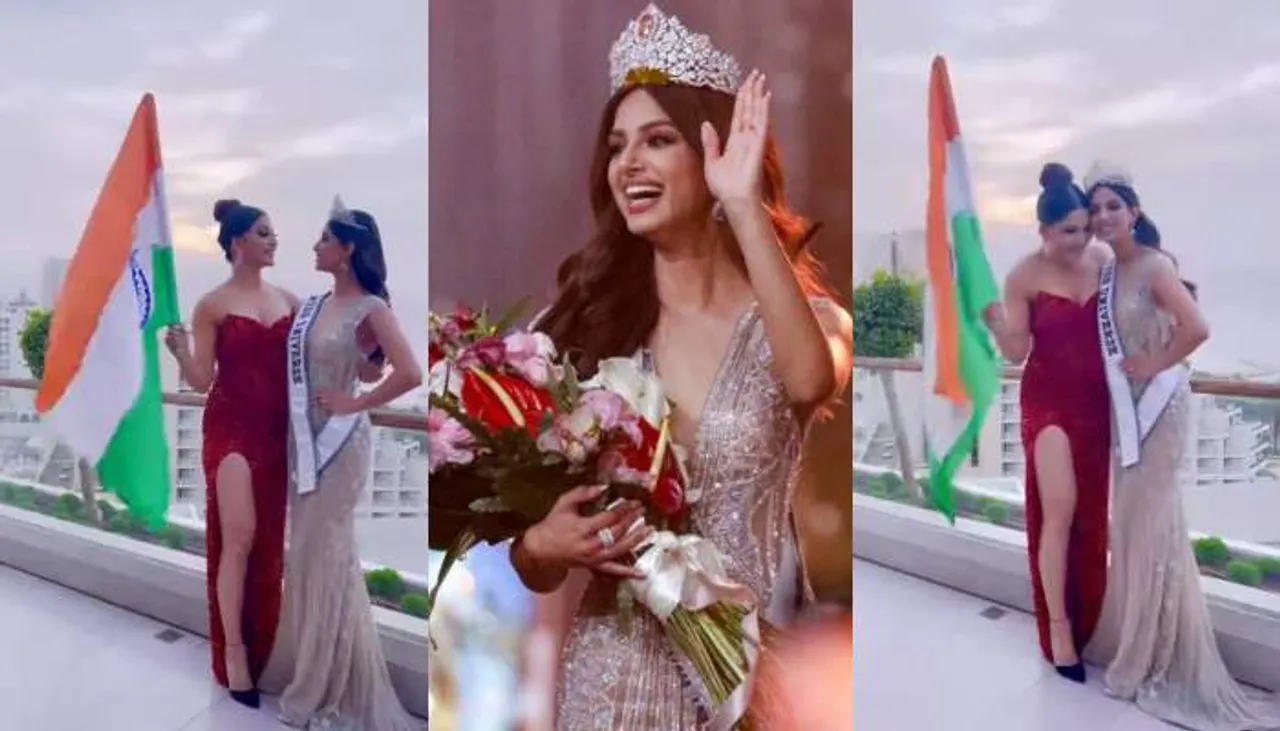 Harnaaz Sandhu, Miss Universe 2021, giggles with Urvashi Rautela after being crowned Miss Universe 2021