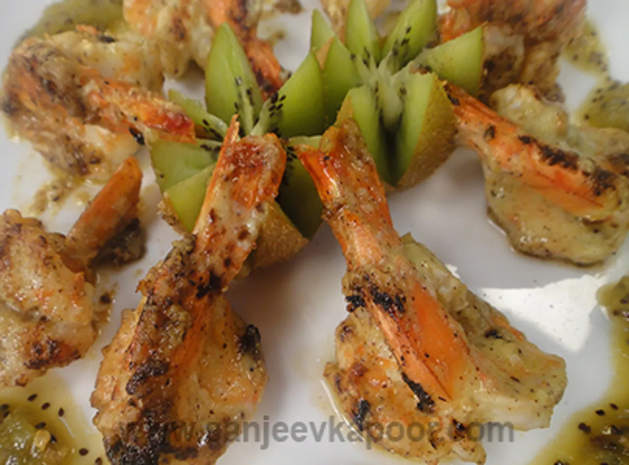 Grilled Prawns with Burnt Kiwi Chutney