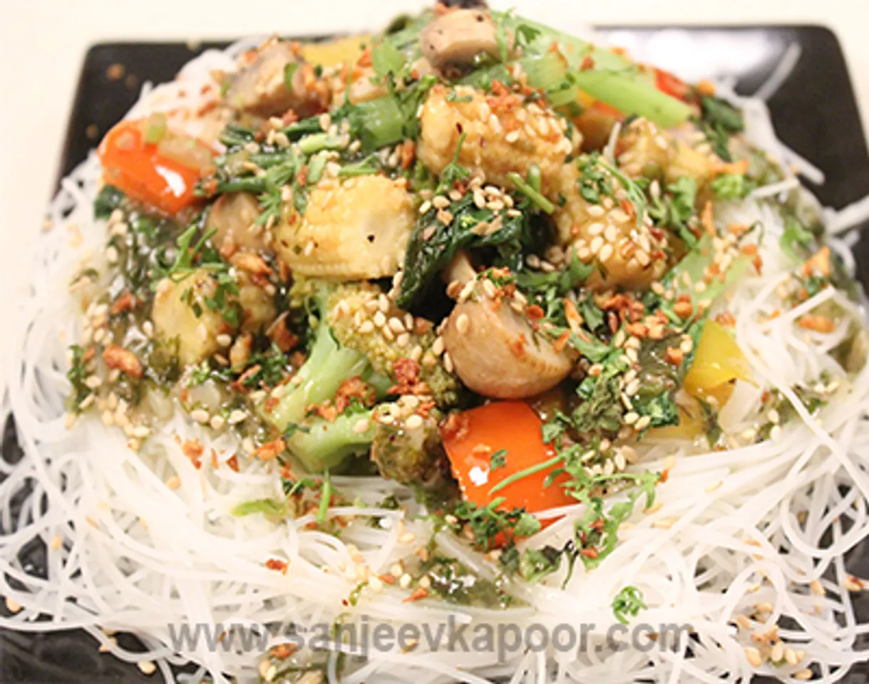 Stir Fried Veggies with Glass Noodles in Sweet Cor