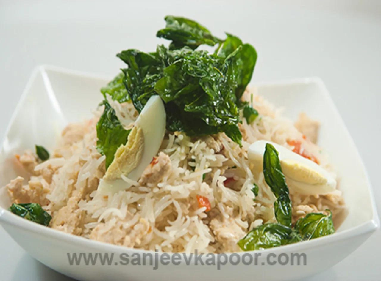 Spicy Chicken Fried Rice With Crispy Basil Leaves