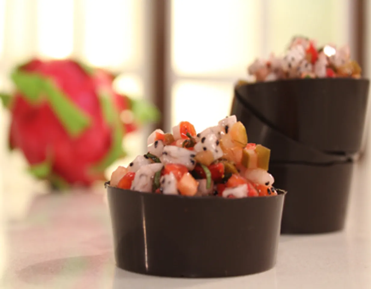 Strawberry and Dragon Fruit Salsa in Chocolate Cup