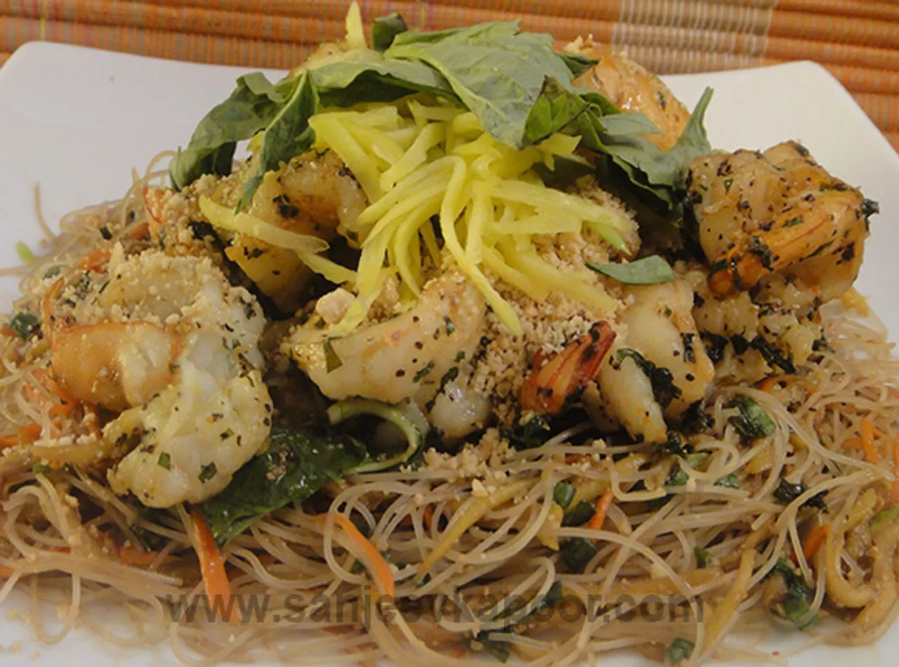 Basil Prawns with Rice Noodles and Raw Mangoes