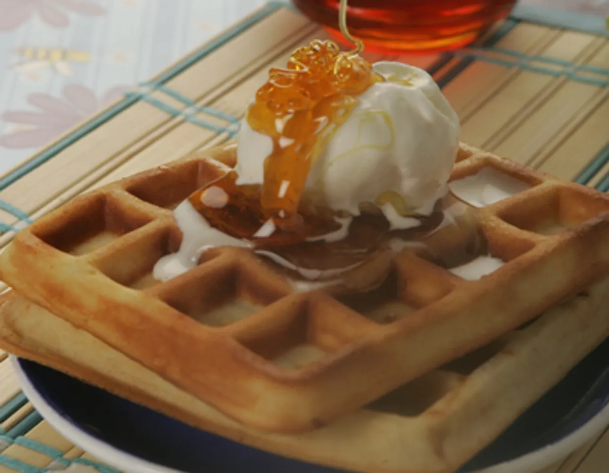 Waffles with Honey and Ice Cream