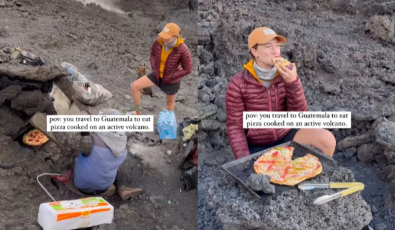 Woman Eats Pizza Cooked In Volcano