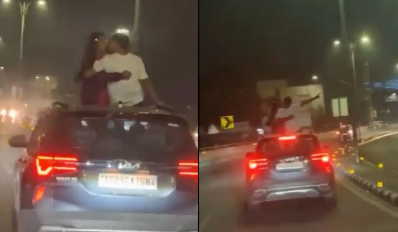 Hyderabad Couple Kiss From Sunroof Of Moving Car