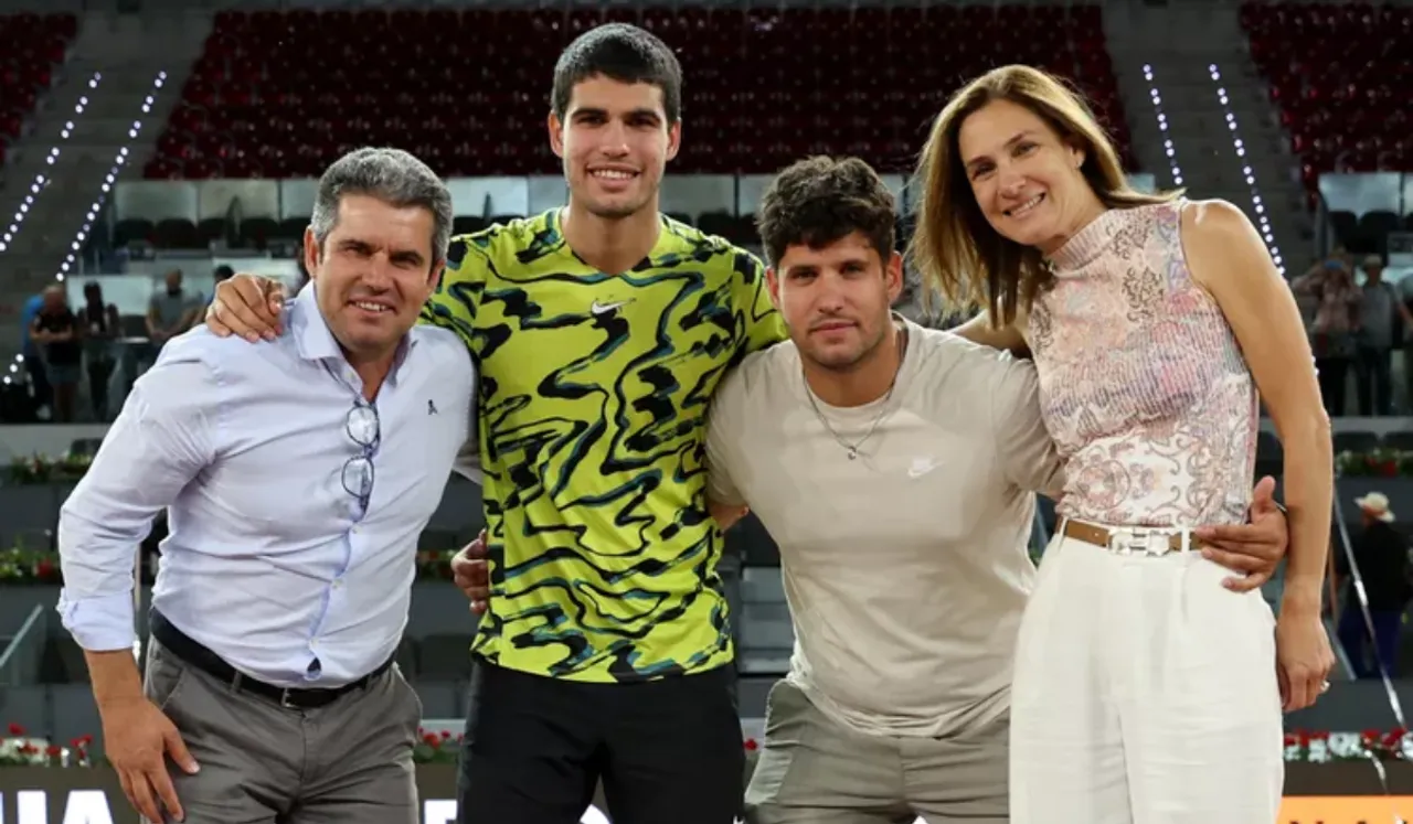 Carlos Alcaraz of Spain with his father Carlos Snr, his mother Virginia Garfia and brother Alvaro Alcaraz at the the Mutua Madrid Open in 2023. PHOTO: CLIVE BRUNSKILL/GETTY