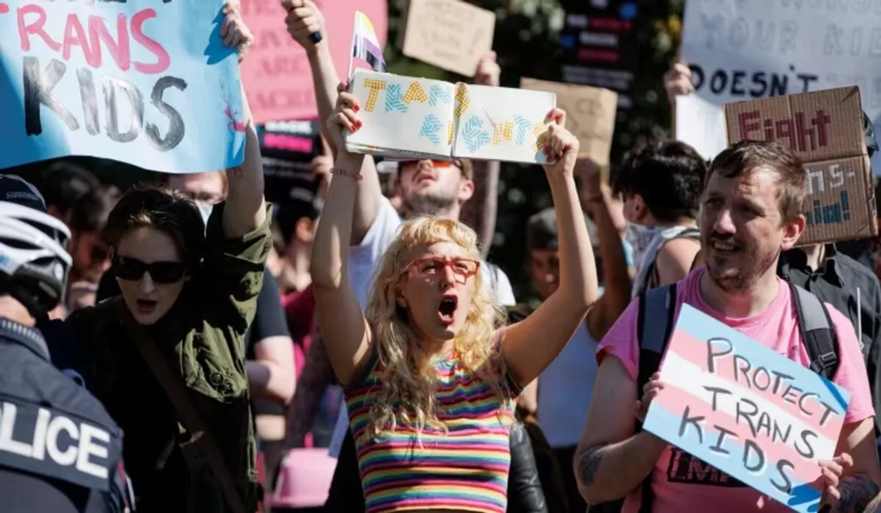 Protests and counter-protests over sexual and gender education in schools happened at Queen's Park Wednesday. (Evan Mitsui/CBC)