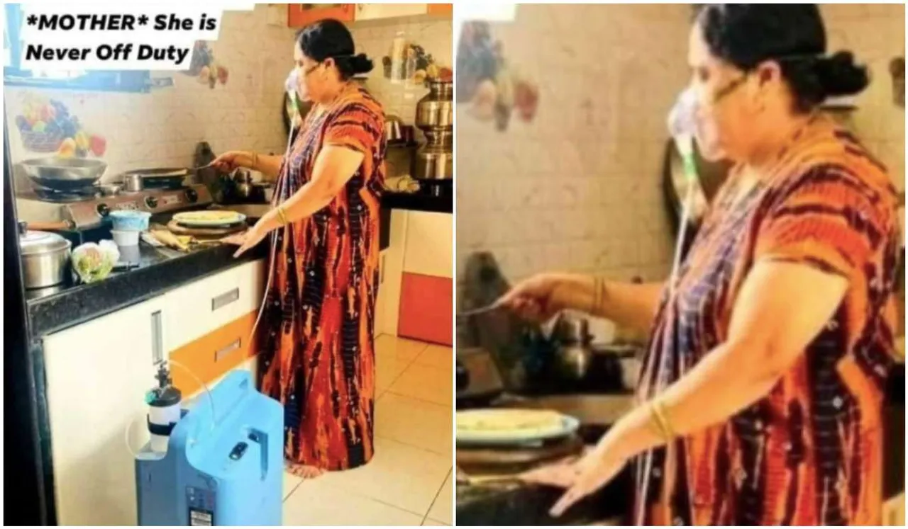woman does kitchen work on oxygen support
