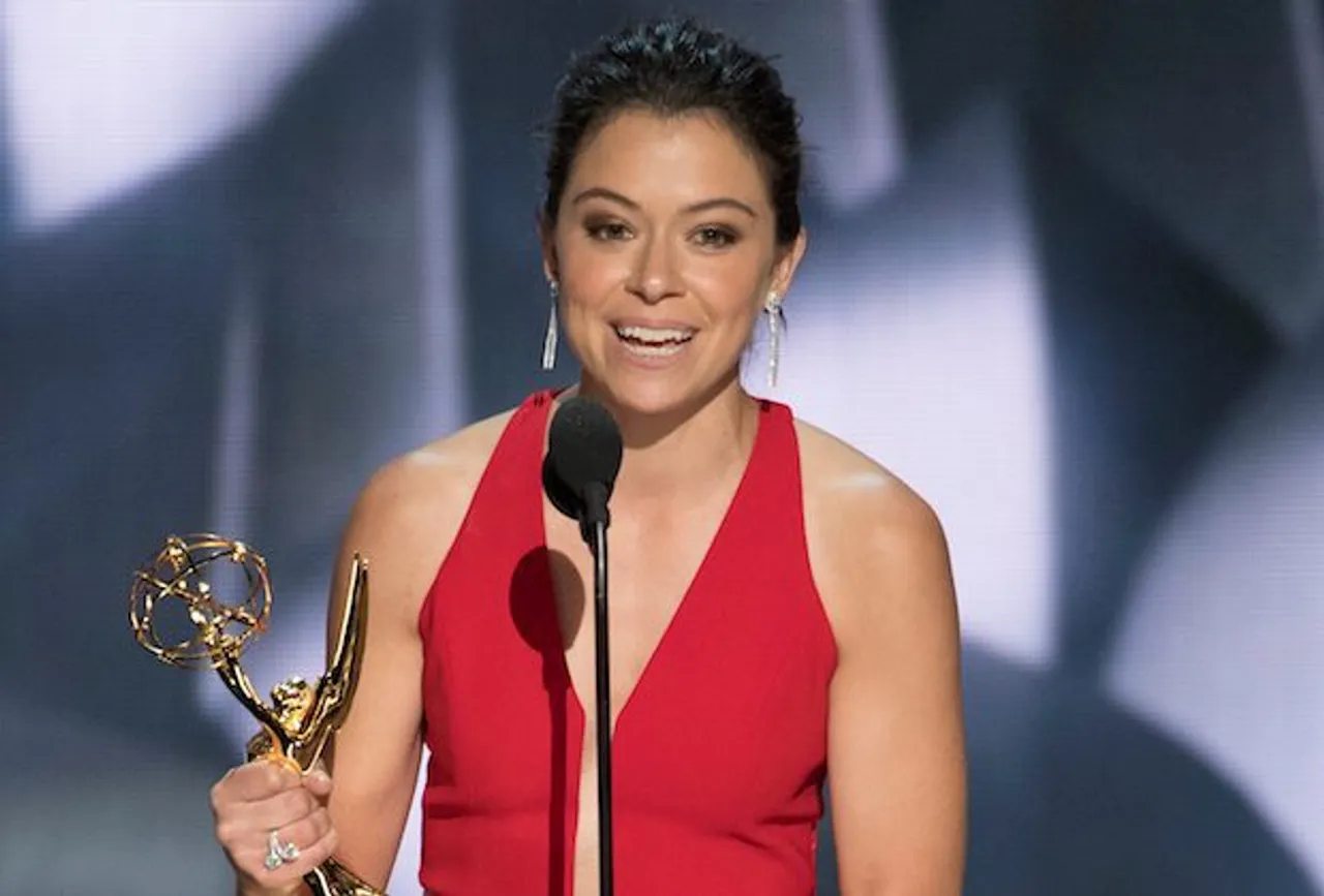 Tatiana Maslany accepts the award for outstanding lead actress in a drama series for “Orphan Black”.