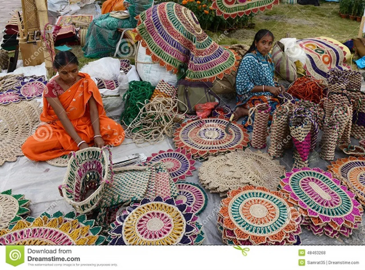 Rural women making jute bags