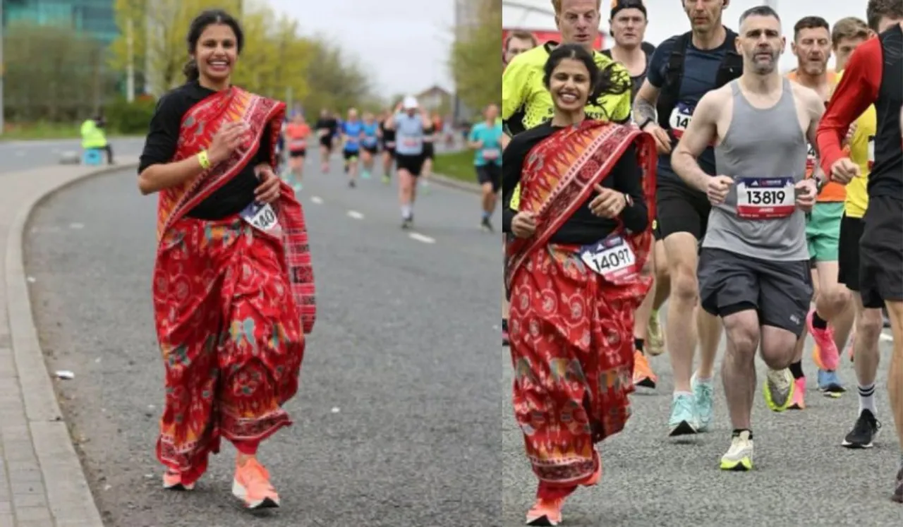 UK-Based Odia Woman Completes 42.5 KM Manchester Marathon Wearing Sambalpuri Saree