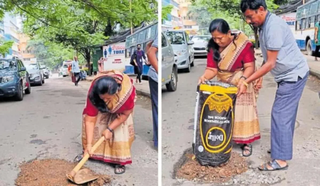 Woman Fills Up The Pothole That Resulted In Her Husband's Crash