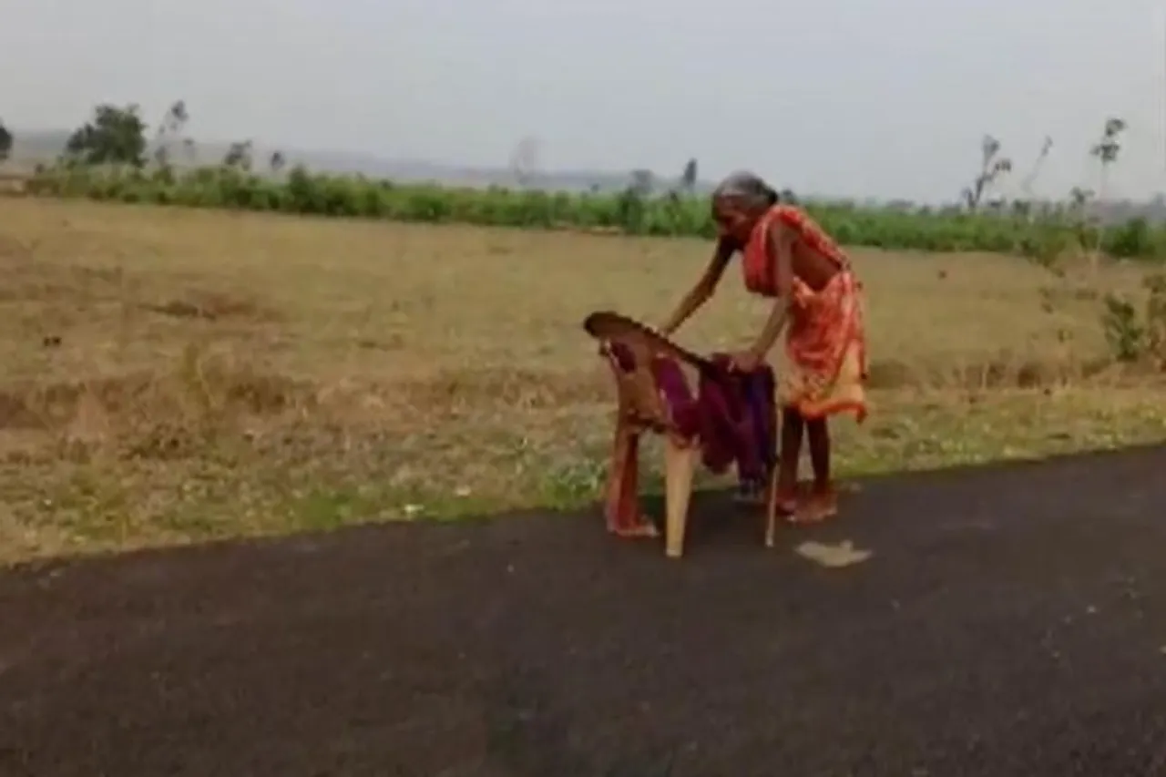 old woman walks barefoot for pension
