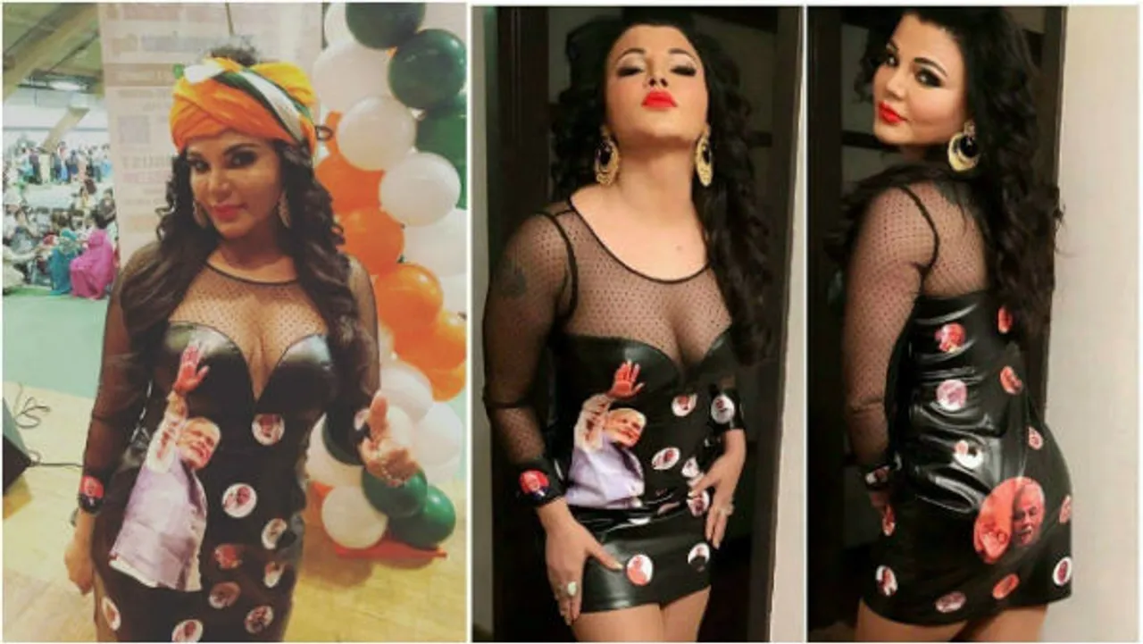 Rakhi Sawant wearing a dress with PM Modi's pictures.