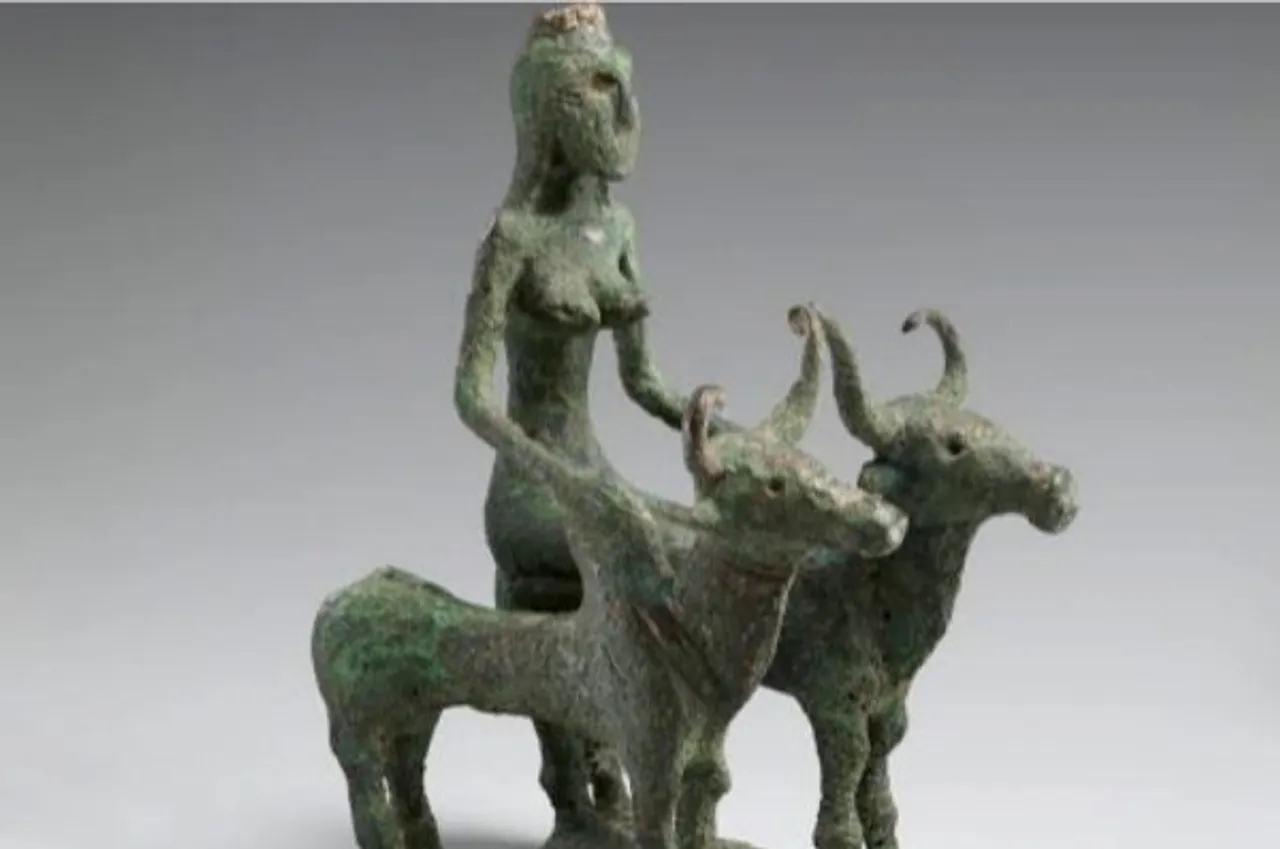 Woman Riding Two Brahman Bulls Harappan Sculpture