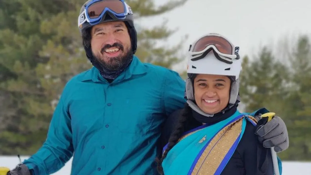 Viral Now: Desi Couple Skis in Saree and Dhoti inspired by Masoom Minawala