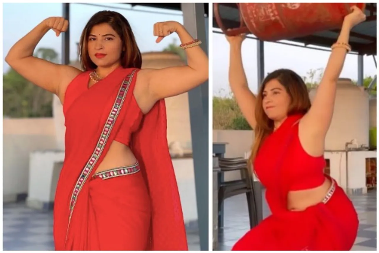 Woman In Saree Does Squats With 33kg Gas Cylinder :  Netizens Call Her Lady Bahubali