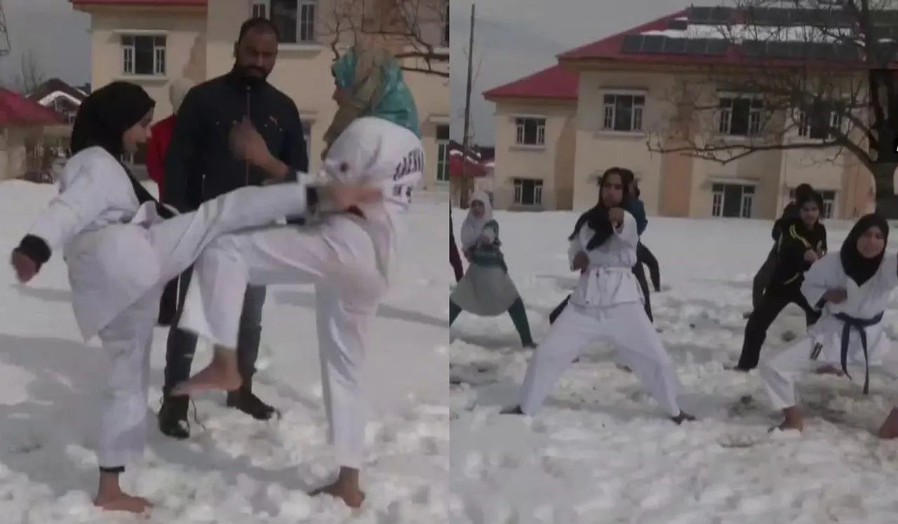 Girls Practice Martial Arts In Snow