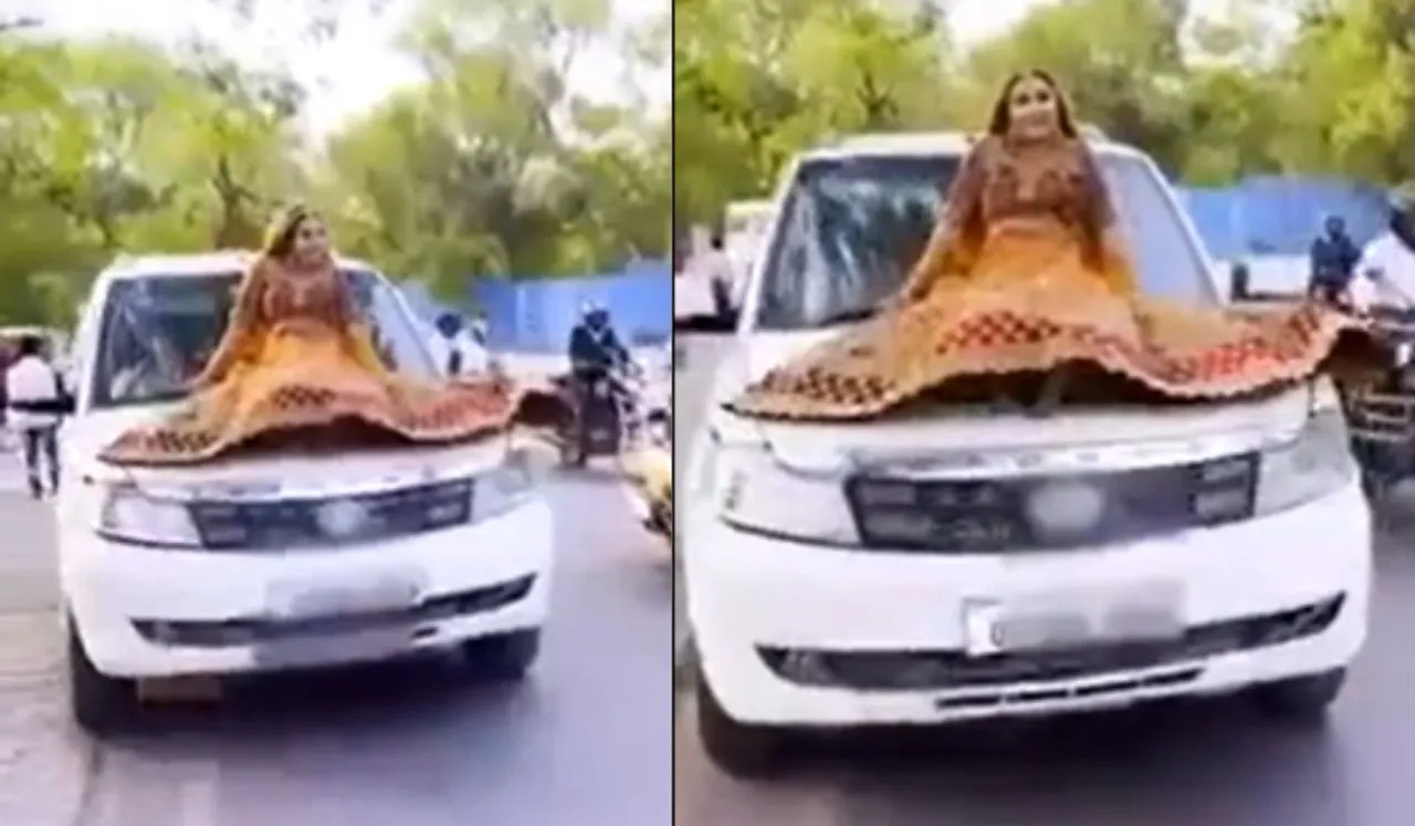 UP Woman Dressed As Bride Fined For Sitting On Top Of Moving Car