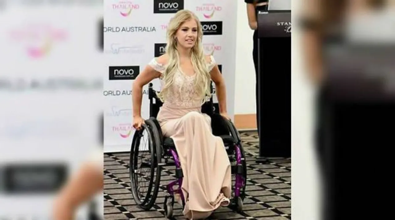 Woman in a wheelchair in Miss World Contest