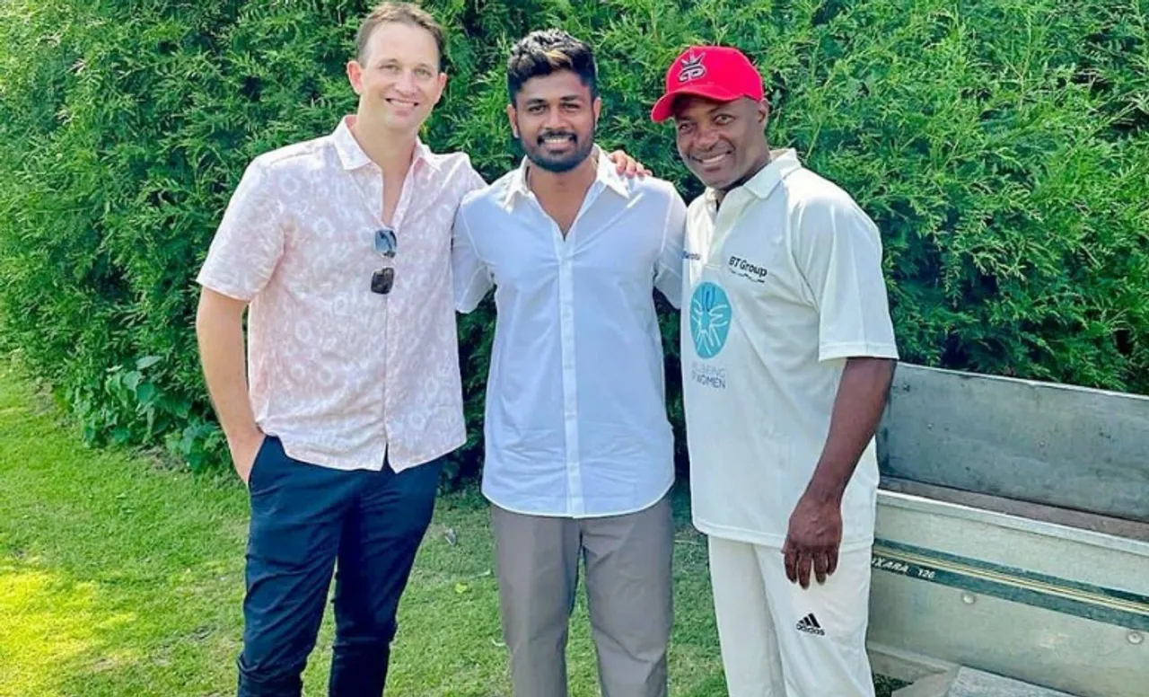 Sanju Samson with Shane Bond and Brian Lara