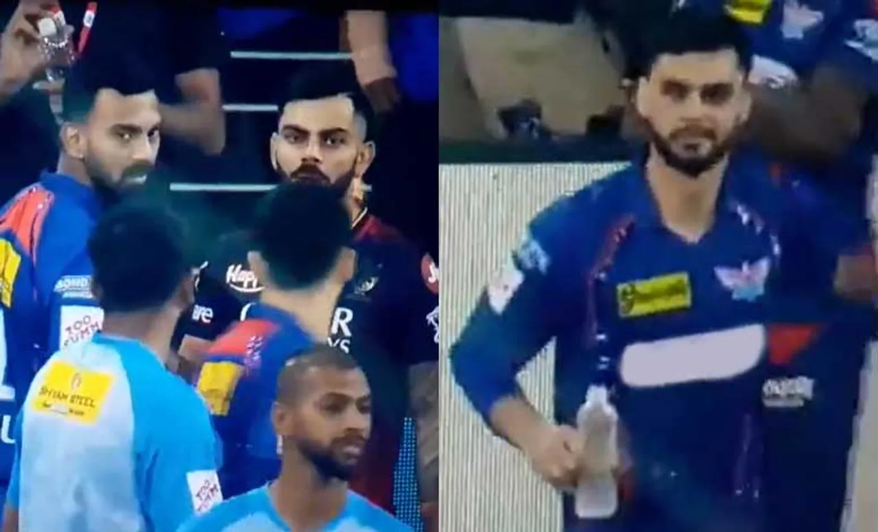 Naveen-ul-Haq, KL Rahul, and Virat Kohli during LSG vs RCB, IPL 2023