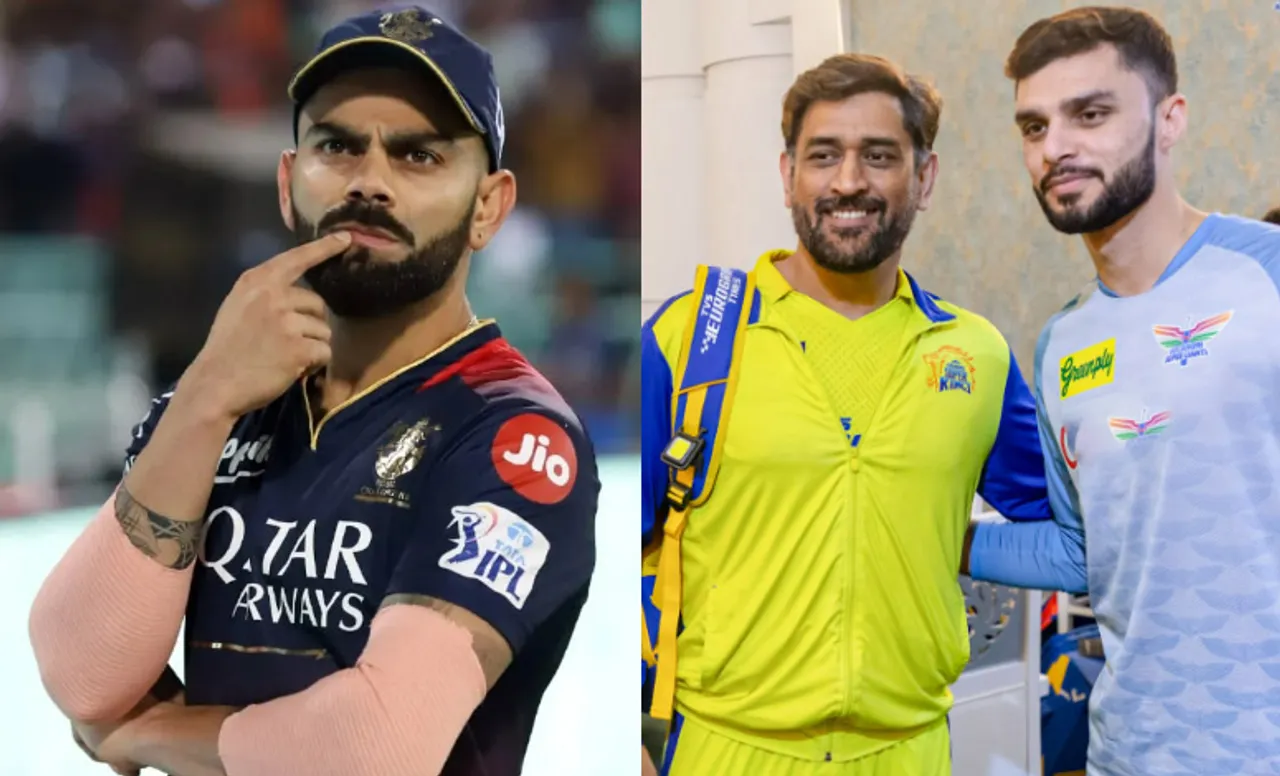 Virat Kohli, MS Dhoni, and Naveen-ul-Haq in IPL 2023