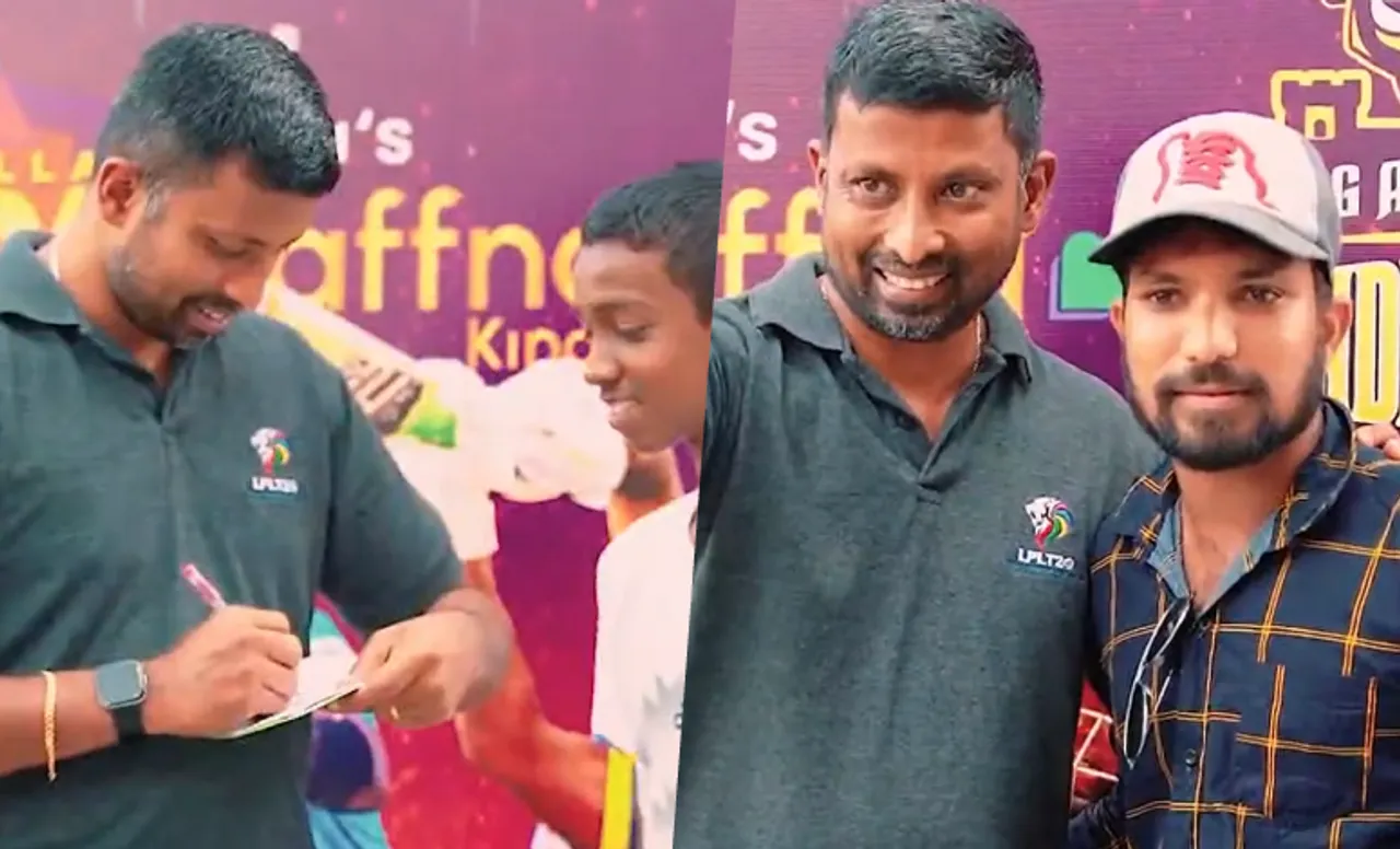 Russell Arnold surprises young fans with gifts in Lanka Premier League fan zone