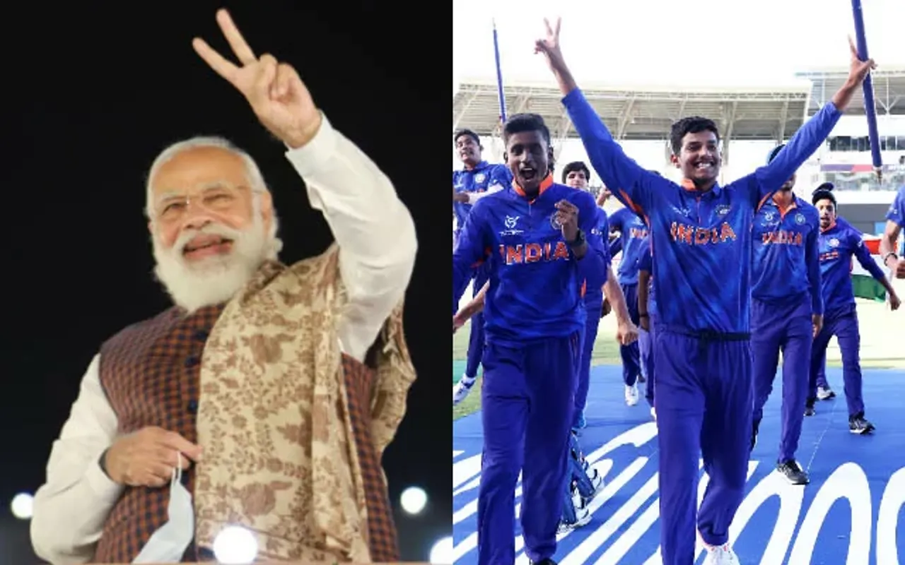 Narendra Modi and India U19. (Photo Source: Twitter)