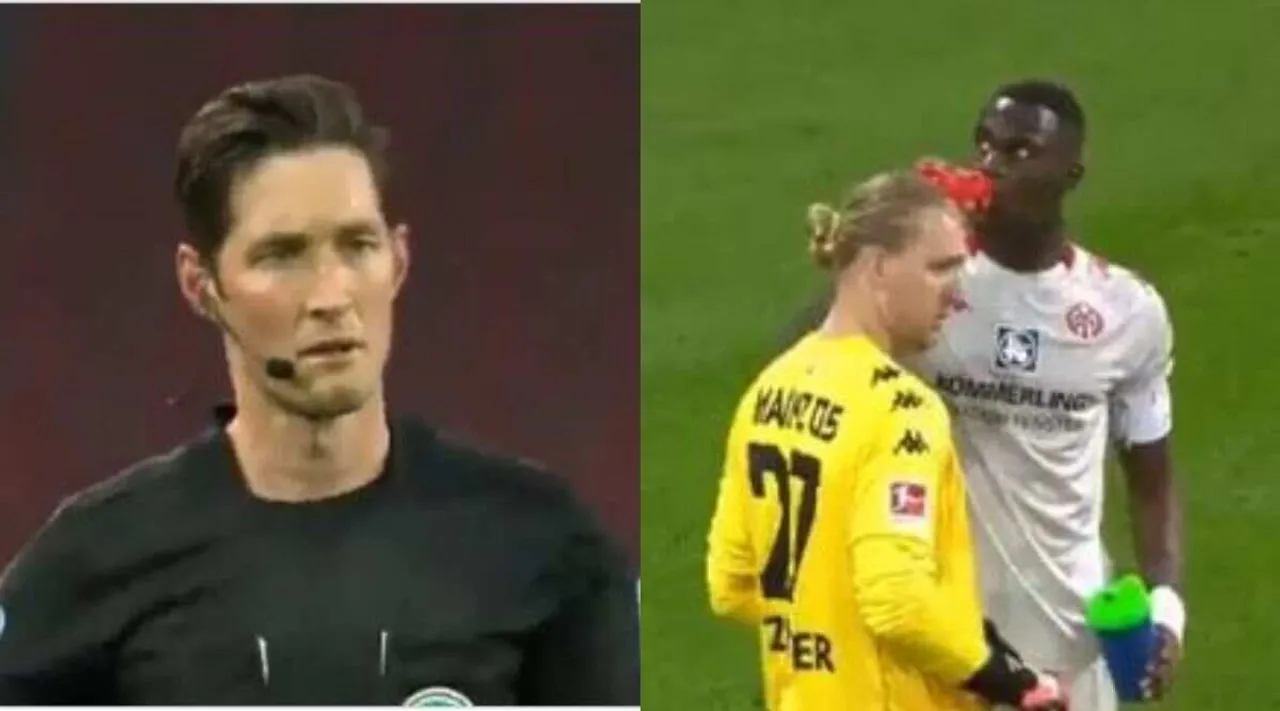 Bundesliga referee Matthias Jollenbeck halts the game so that Mainz defender Moussa Niakhate could hydrate himself. (Photo Source: Google)