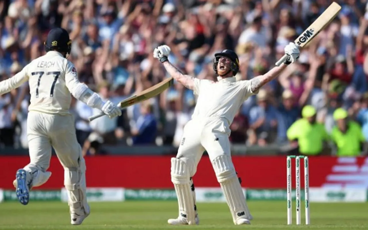 Ben Stokes celebrates after his winning shot at Headingley in 2019